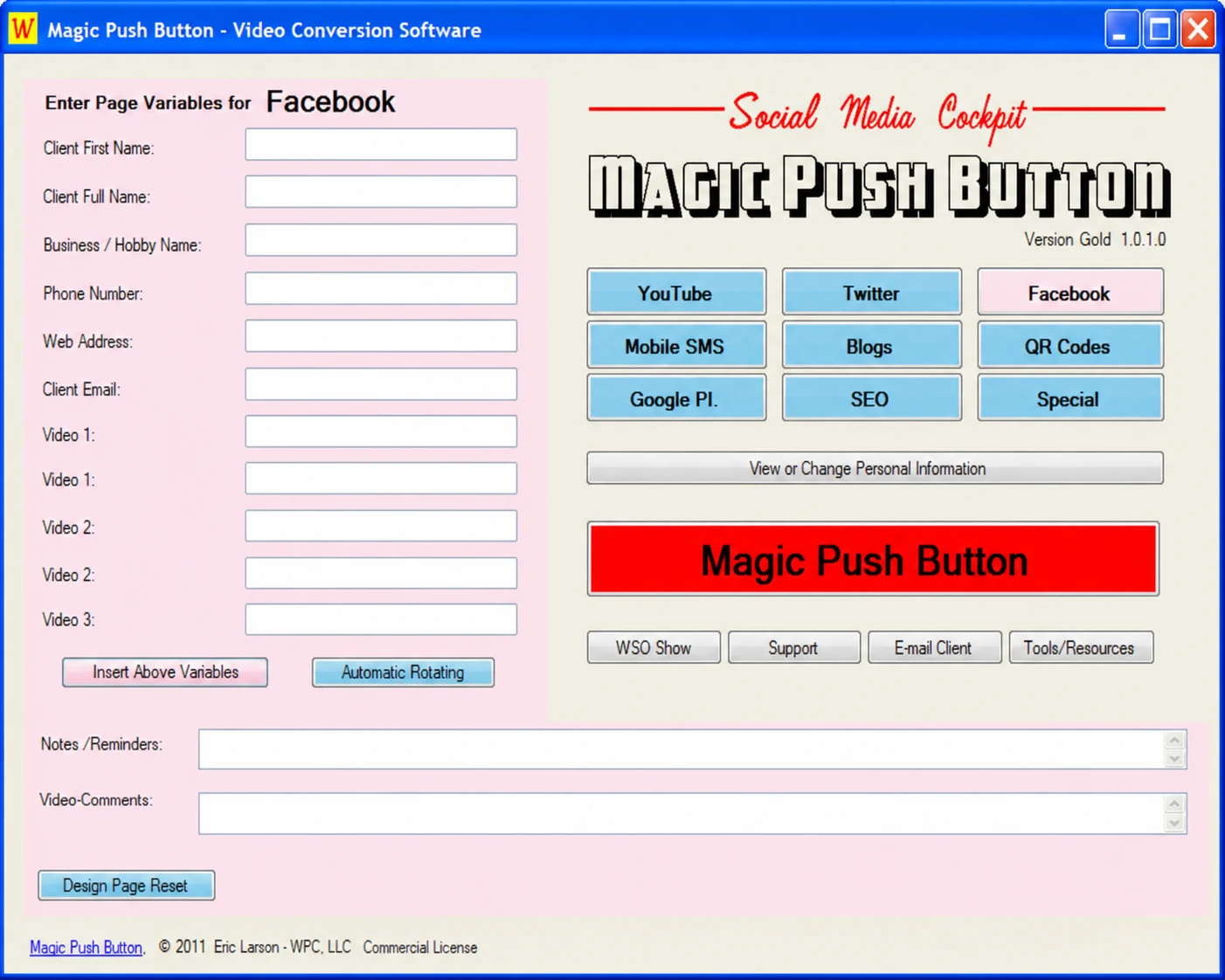 The original Magic Push Button software from 2010 — customized sales pages at the push of a button